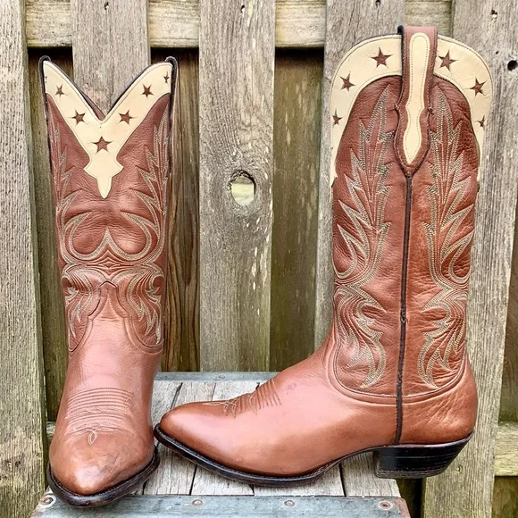LARRY MAHAN Vintage Star Inlay Tall Mid-Calf Brown Leather Cowgirl Western Boots - Picture 3 of 13